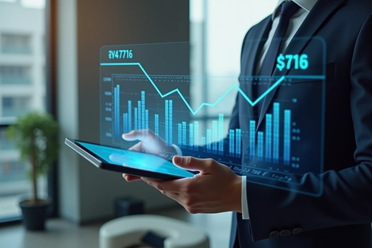 Homme d'affaires consultant des données blockchain sur tablette transparente en environnement professionnel