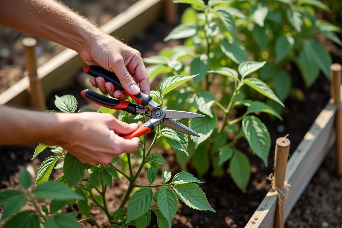 Mains de jardinier taillant un plant de tomate avec sécateur dans un potager