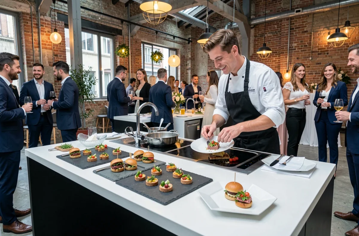 Station culinaire créative de Tasty Life avec mini-plats contemporains servis lors d'un mariage branché à Marseille
