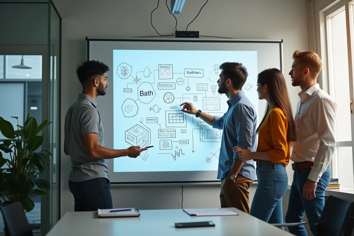 Équipe de professionnels collaborant autour d'un tableau blanc numérique avec des concepts de blockchain