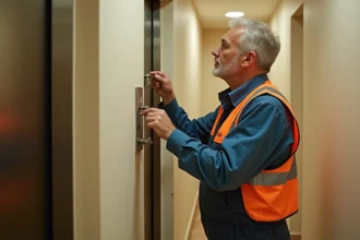 Technicien d'ascenseur inspecte les mécanismes d'une porte d'ascenseur dans un couloir d'immeuble résidentiel