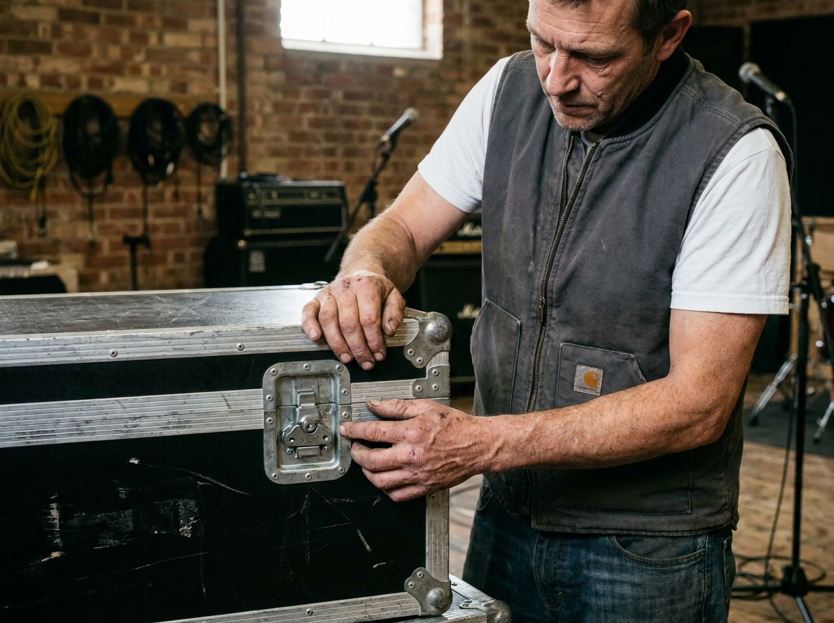 Technicien en tournée examinant les mécanismes d'un flight case d'occasion usagé en studio de répétition