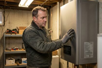 Technicien en combinaison de travail inspectant un chauffe-eau thermodynamique moderne dans une cave résidentielle