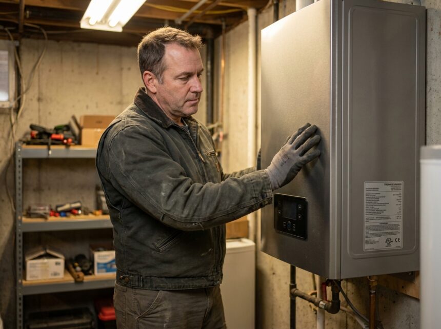 Technicien en combinaison de travail inspectant un chauffe-eau thermodynamique moderne dans une cave résidentielle