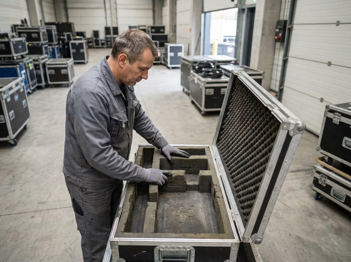 Technicien audio inspectant mousse intérieure d'un flight case d'occasion en backstage, protection matériel professionnel