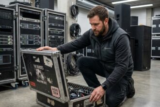Technicien son inspectant un flight case d'occasion avant une tournée en studio professionnel avec équipement de tournée