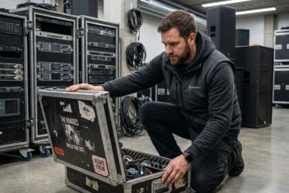 Technicien son inspectant un flight case d'occasion avant une tournée en studio professionnel avec équipement de tournée