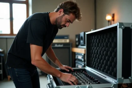 Technicien son inspectant l'intérieur d'une flight case d'occasion remplie d'équipement audio professionnel en studio de répétition