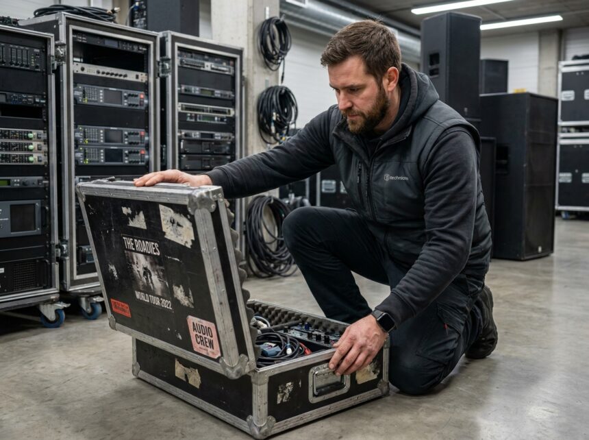 Technicien son inspectant un flight case d'occasion avant une tournée en studio professionnel avec équipement de tournée