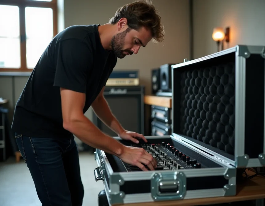 Technicien son inspectant l'intérieur d'une flight case d'occasion remplie d'équipement audio professionnel en studio de répétition