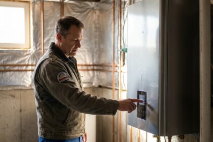 Technicien inspectant un chauffe-eau thermodynamique moderne dans un sous-sol résidentiel, installation 2026