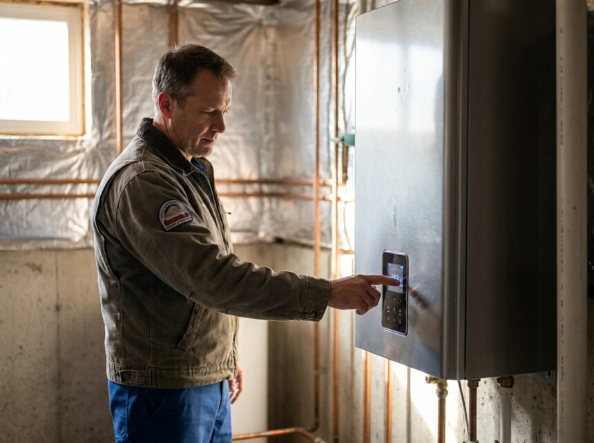 Technicien inspectant un chauffe-eau thermodynamique moderne dans un sous-sol résidentiel, installation 2026