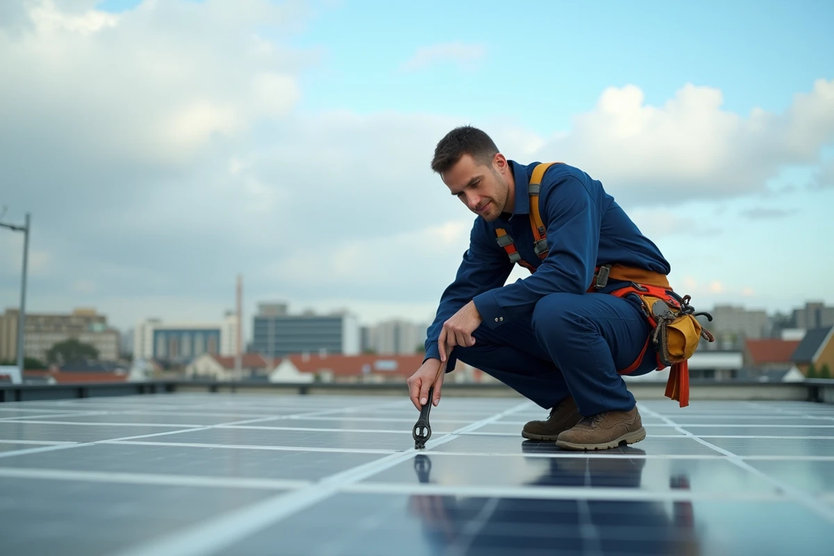 Technicien installant des panneaux solaires sur un toit plat en milieu urbain avec harnais de sécurité
