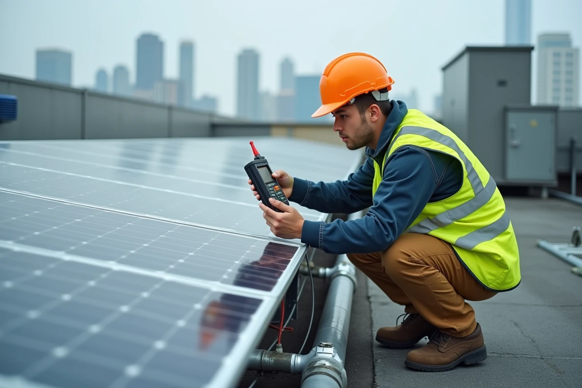 Technicien qualifié en train d'inspecter et maintenir les panneaux solaires, représentant l'expertise professionnelle et la maintenance des installations solaires