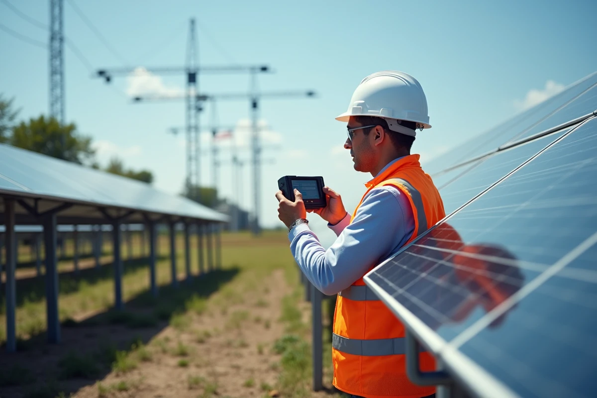 Technicien inspectant l'équipement d'une installation solaire professionnelle