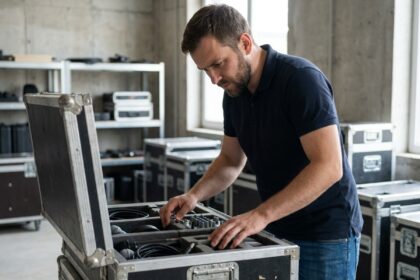 Technicien audio inspectant les compartiments internes d'un flight case d'occasion pour protéger le matériel en tournée