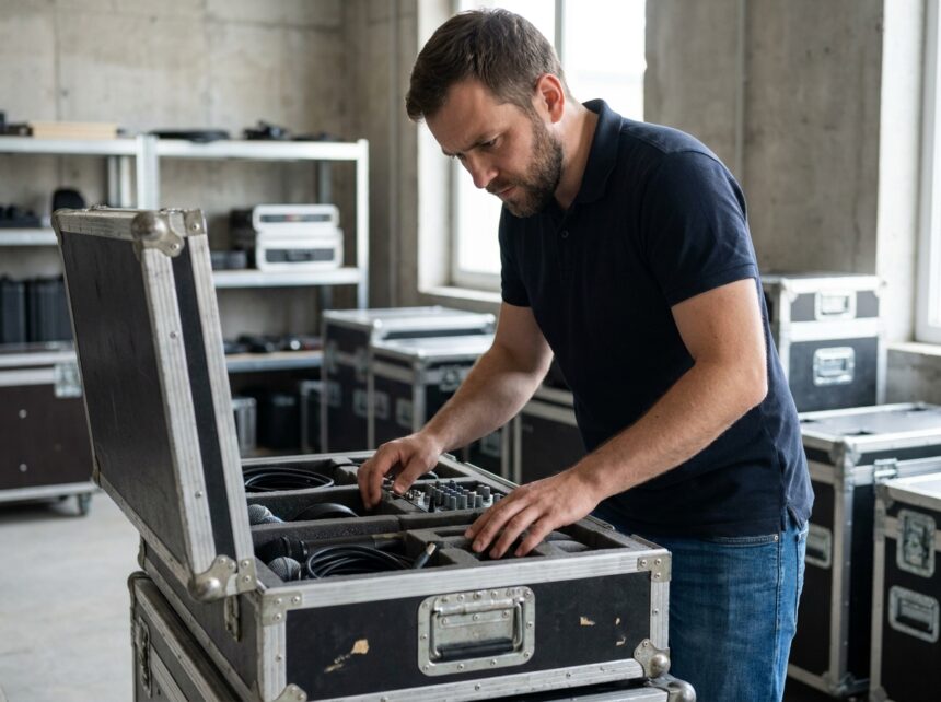 Technicien audio inspectant les compartiments internes d'un flight case d'occasion pour protéger le matériel en tournée