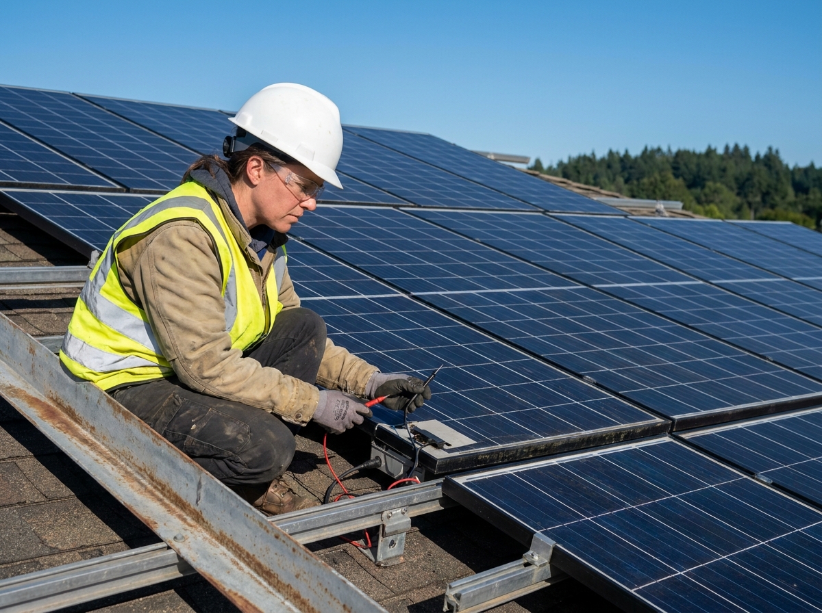 Technicienne en équipement de sécurité vérifiant les connexions électriques des panneaux solaires installés sur une toiture