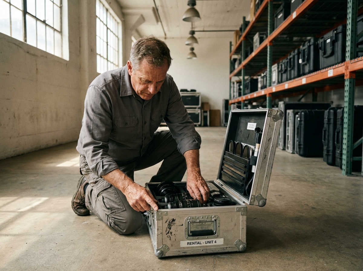 Technicien vidéo professionnel inspectant un flight case d'occasion pour équipement de cinéma en entrepôt