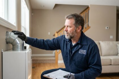 Technicien en tenue de travail inspectant une unité VMC simple flux installée sur un mur intérieur de maison résidentielle, vérifiant les connexions de conduits et les spécifications techniques