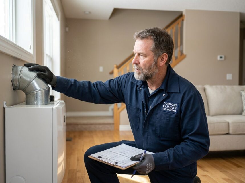 Technicien en tenue de travail inspectant une unité VMC simple flux installée sur un mur intérieur de maison résidentielle, vérifiant les connexions de conduits et les spécifications techniques