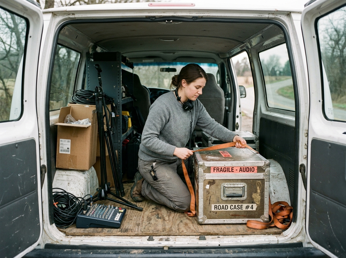 technicienne audio fixant avec des sangles un flight case usagé dans l'arrière d'une camionnette de tournée professionnelle