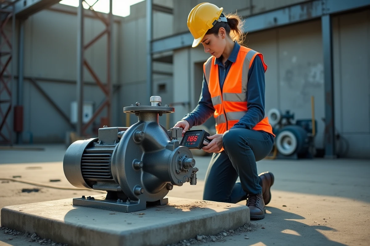Femme technicienne testant une pompe nettoyeur haute pression sur site industriel avec équipements de mesure
