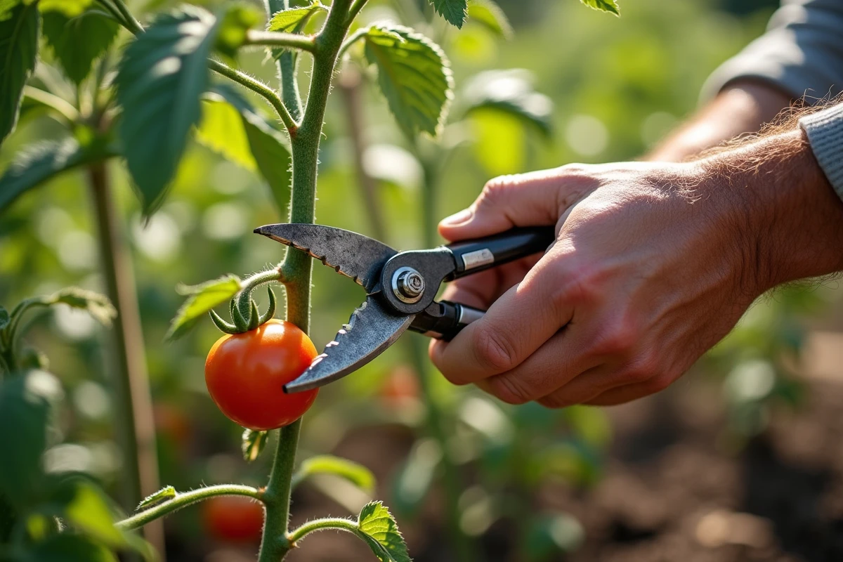 Gros plan des mains d'un jardinier élaguant les gourmands d'un plant de tomate avec un sécateur