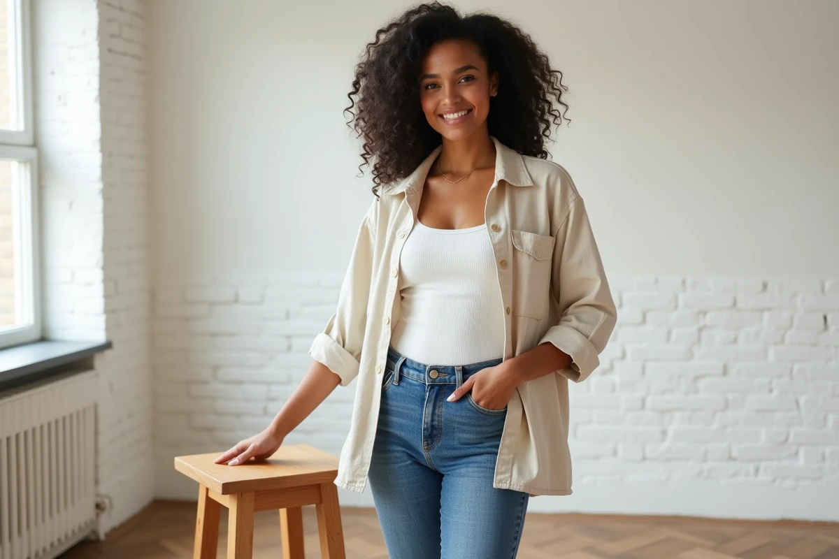 Femme en basiques relaxes chemise lin beige et jean bleu clair dans studio avec briques blanches