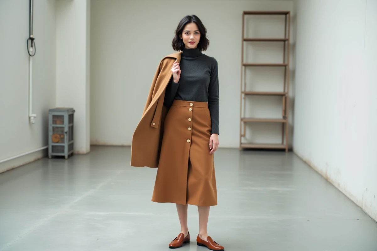 Femme adulte en tenue professionnelle minimaliste - roulé anthracite, jupe camel et manteau coordonné style garancedore