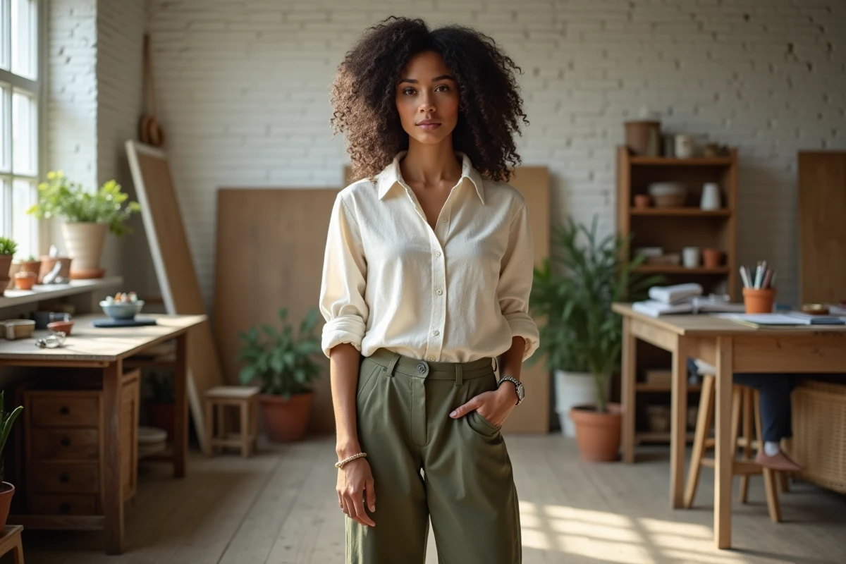 Femme en chemise crème et pantalon olive dans un studio créatif avec murs de briques blanches
