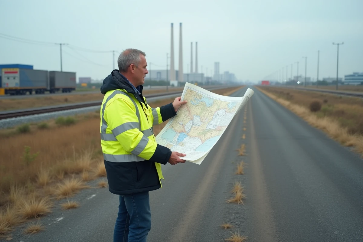 Urbaniste examinant un terrain industriel avec vue sur les accès routiers, voies ferrées et voisinage industriel