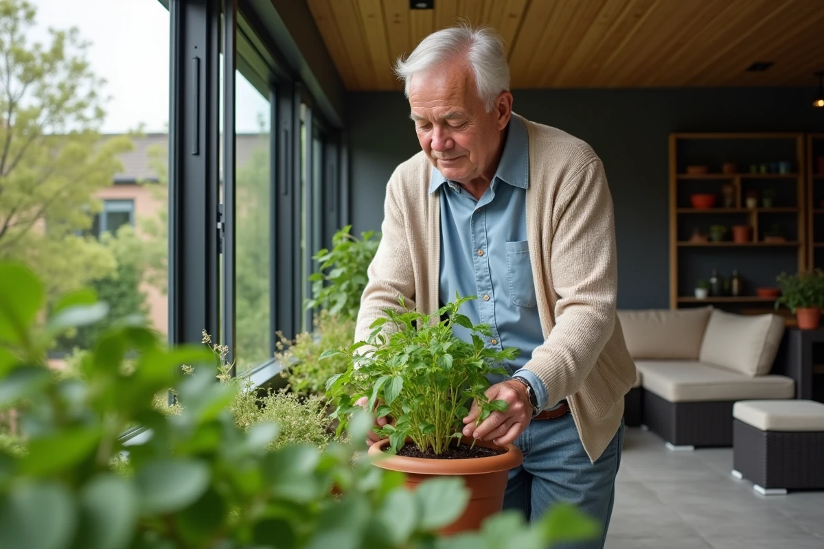 Homme jardinant sur sa terrasse protégée transformée en véritable espace de vie couvert toute l'année