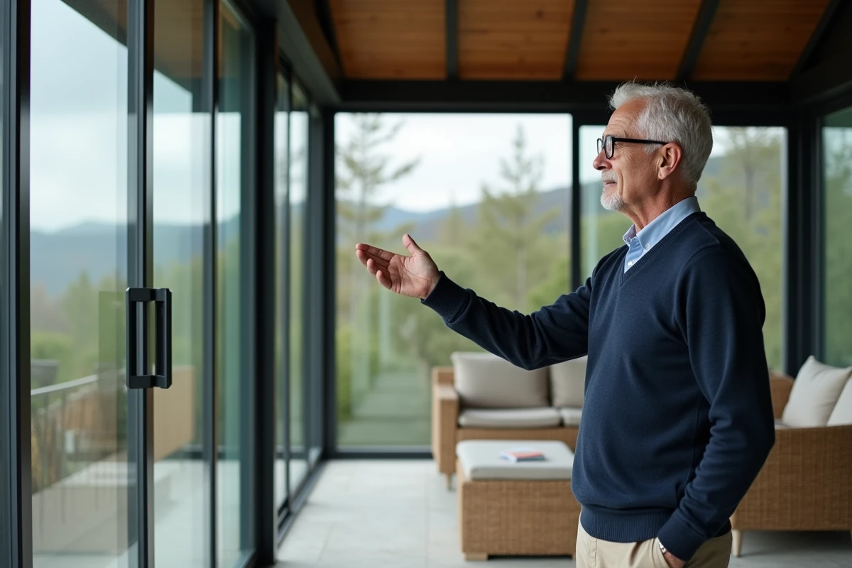 Homme âgé découvrant sa terrasse abritée avec panneaux latéraux rétractables, espace de vie extérieur protégé toute l'année