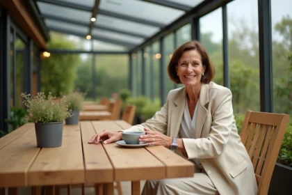 Femme assise à table sur une terrasse couverte et protégée toute l'année, avec panneaux polycarbonate transparent et vue sur le jardin