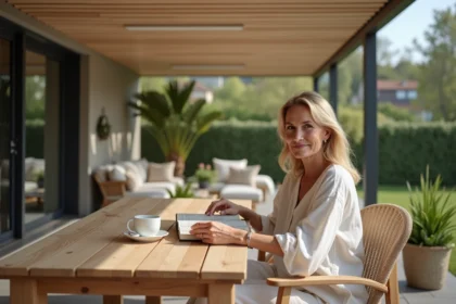 Femme lisant sur une terrasse couverte aménagée en véritable pièce de vie avec tables, plantes et mobilier confortable toute l'année