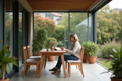 Femme confortablement assise à une table de terrasse couverte en toute saison, lisant un livre avec une boisson chaude