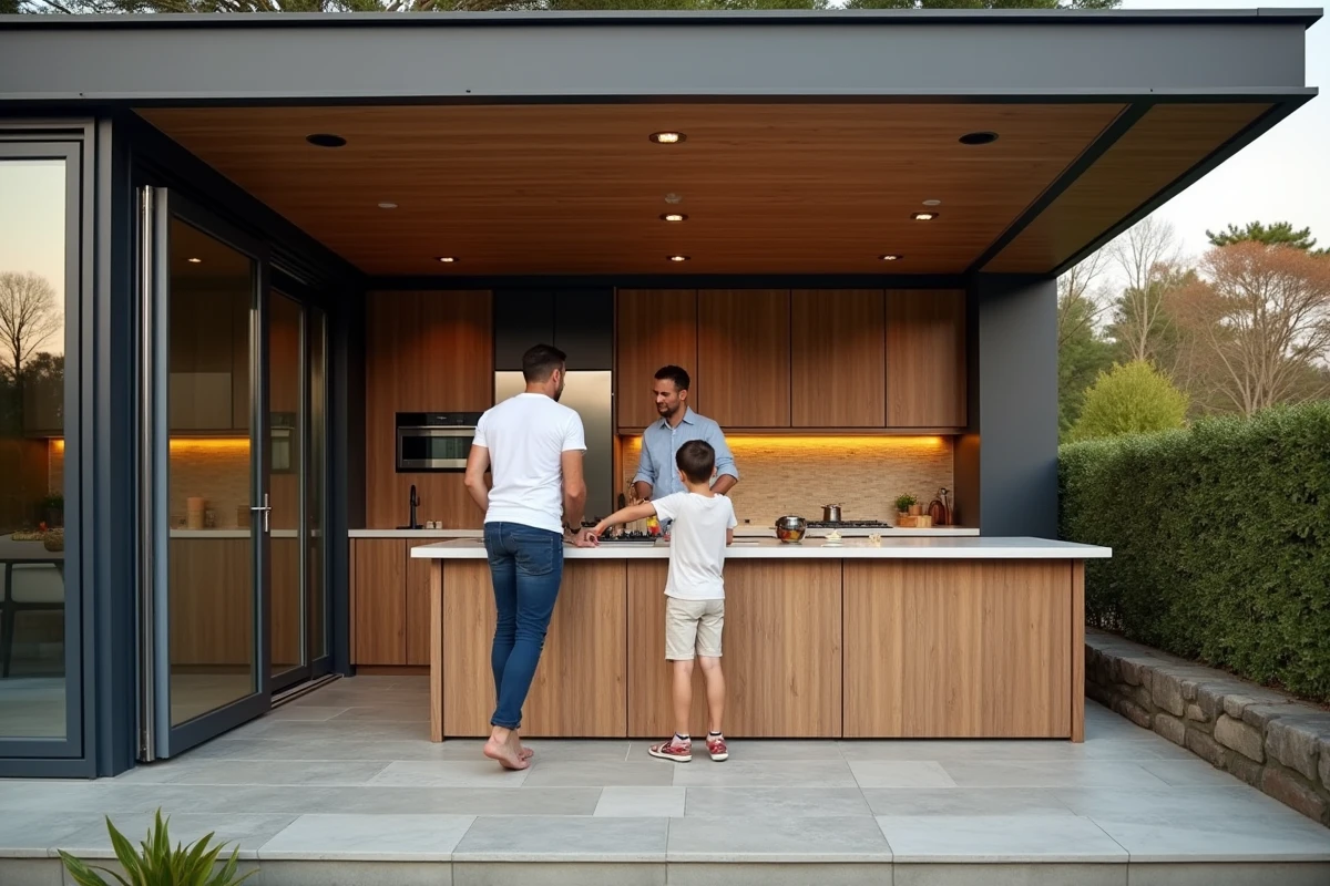 Famille cuisinant sur une terrasse fermée et chauffée transformée en cuisine extérieure protégée disponible toute l'année