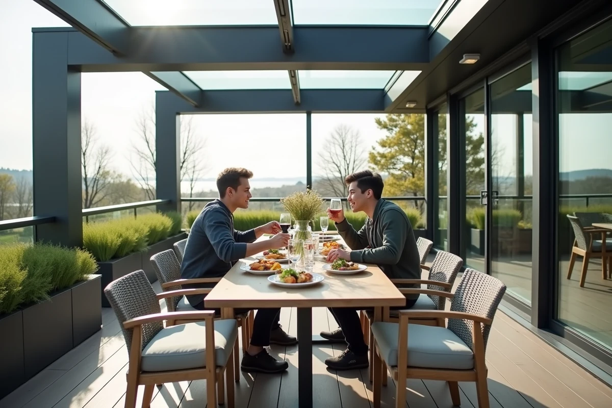 Couple dînant sur une terrasse entièrement enclose et protégée, aménagée comme une véritable pièce de vie