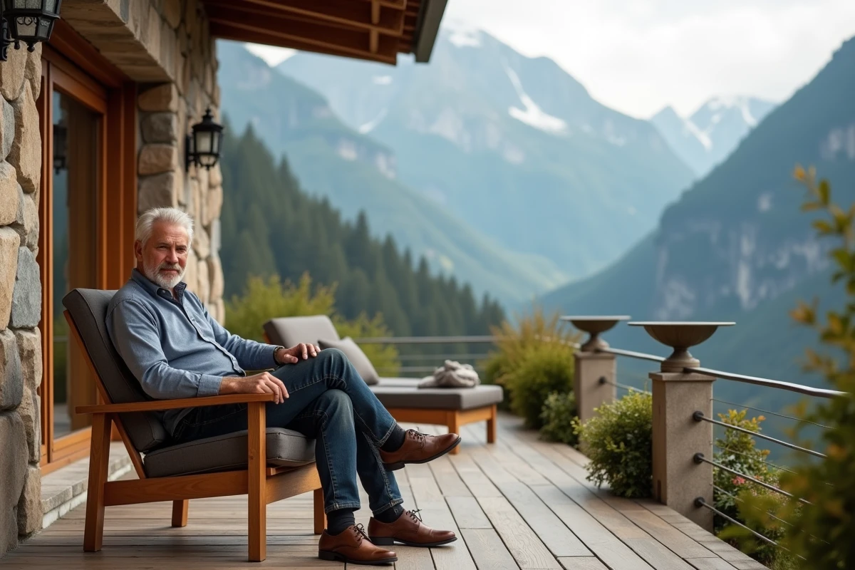 homme détente sur terrasse raffinée station montagne haut de gamme avec paysage alpin