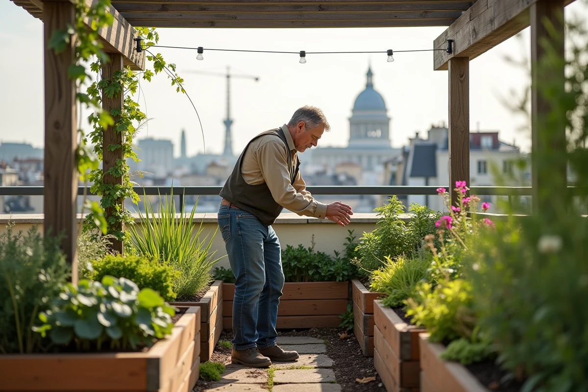 Homme optimisant l'espace d'une petite terrasse urbaine avec des bacs de culture modulaires et système d'arrosage intégré