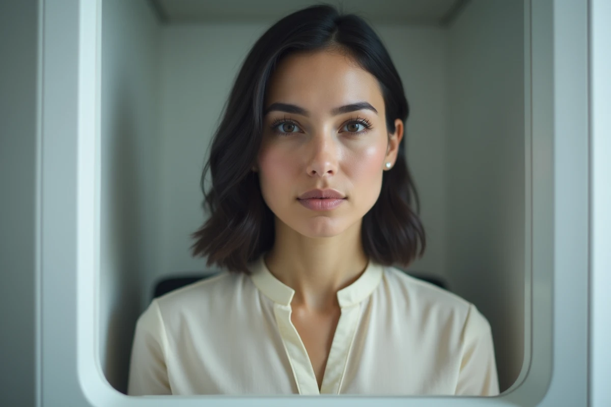 Femme en train de passer un test auditif dans une cabine audiométrique professionnelle