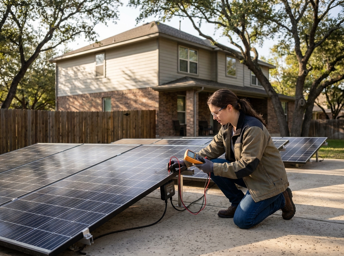 Ingénieure testant les performances électriques des panneaux photovoltaïques avec un multimètre numérique, vérification des boîtes de jonction et des sortances au sol