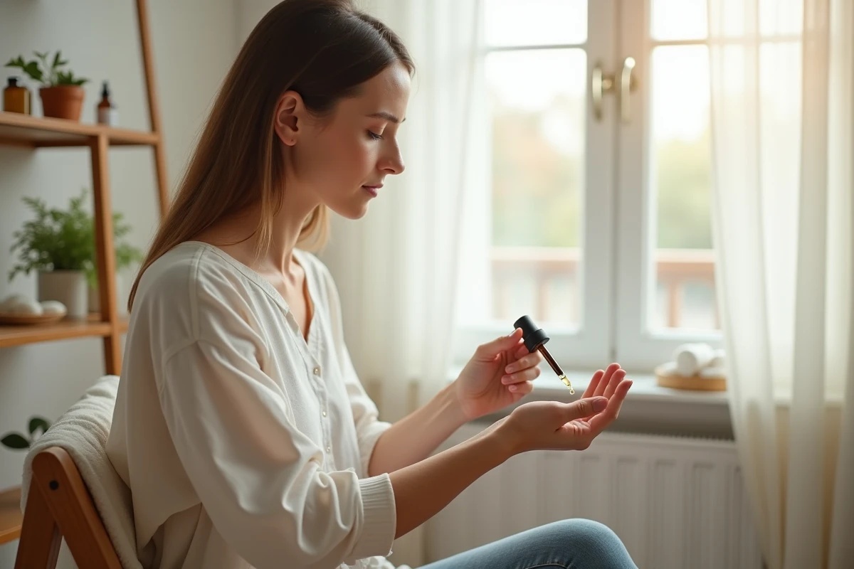 femme testant un sérum naturel sur sa peau avec pipette dans une salle lumineuse avec produits biologiques