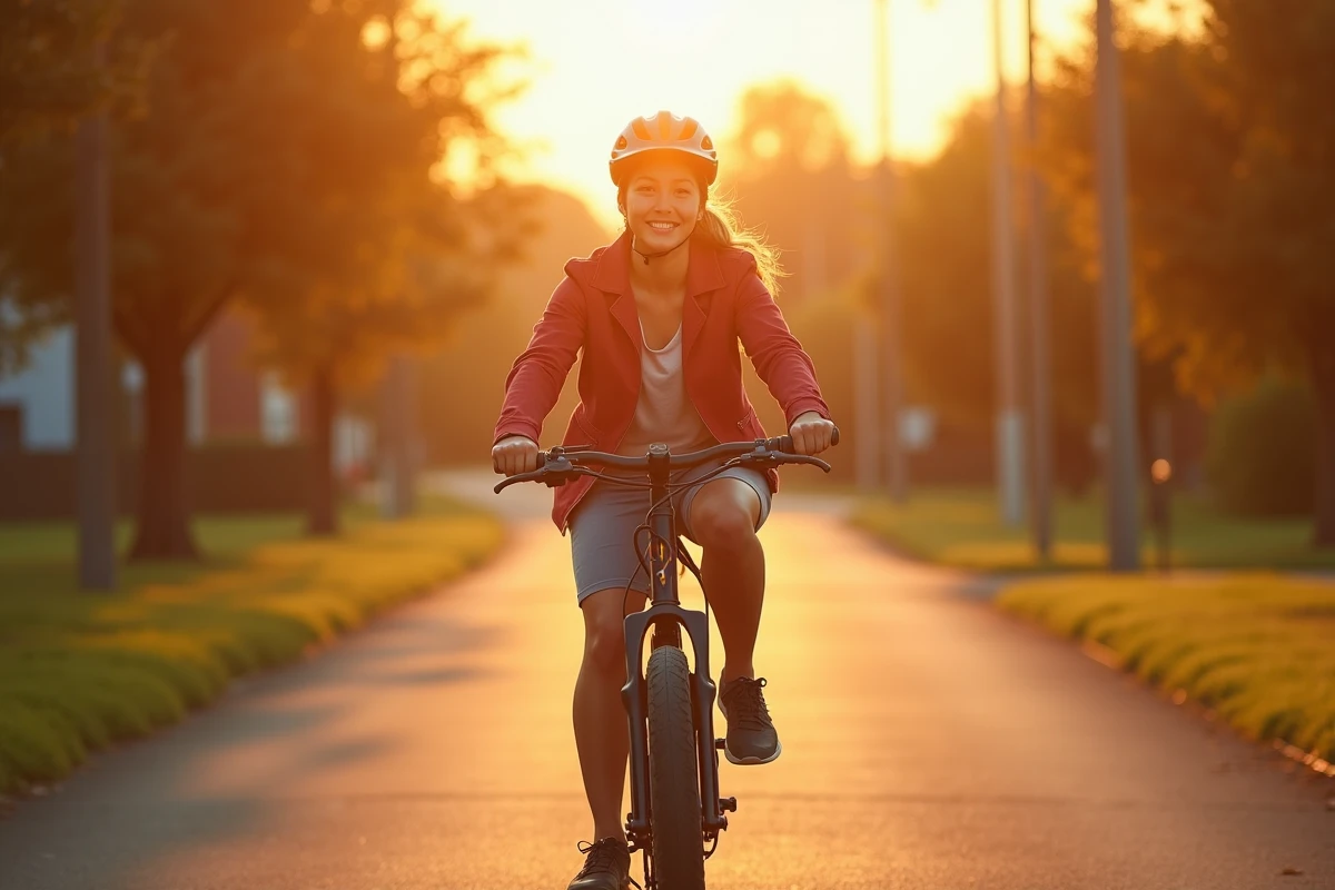 Femme cycliste testant un vélo électrique moderne sur un sentier urbain lors d'une balade
