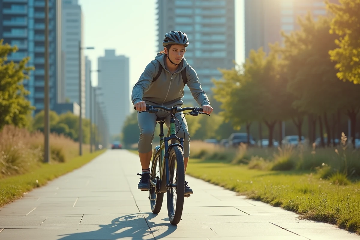 Cycliste testant un vélo électrique en milieu urbain sur piste cyclable