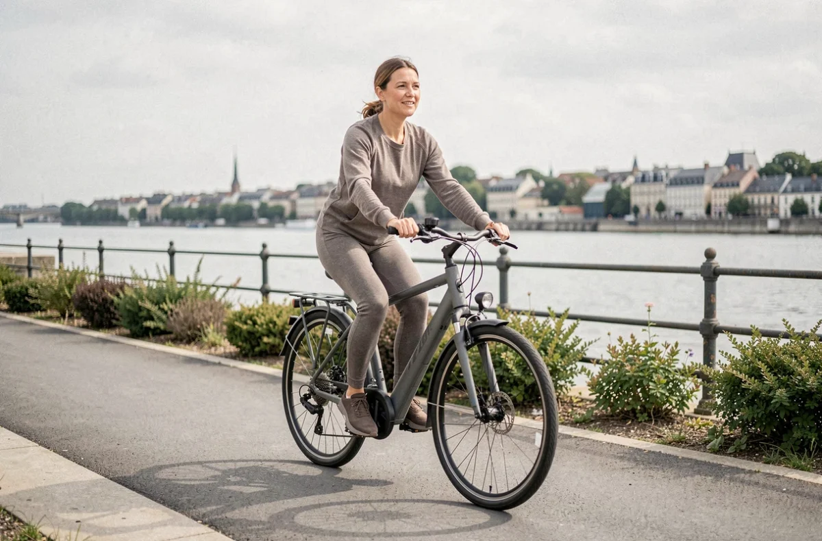 Femme testant un vélo urbain hybride sur une piste cyclable au bord de la Loire en Loire-Atlantique