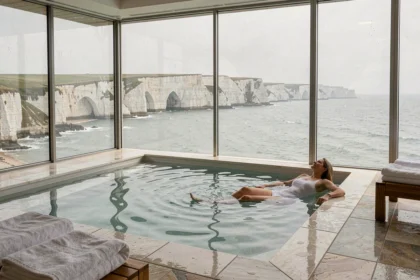 Piscine de thalassothérapie avec vue sur la côte normande et ses falaises