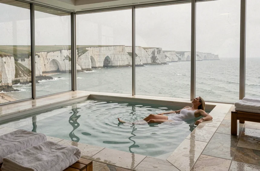 Piscine de thalassothérapie avec vue sur la côte normande et ses falaises