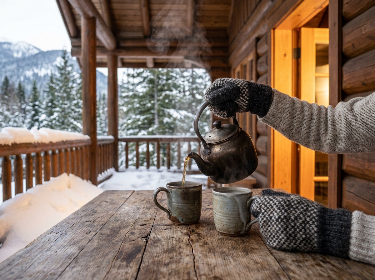 Mains versant du thé chaud dans des mugs devant un chalet enneigé avec vue sur la forêt de sapins